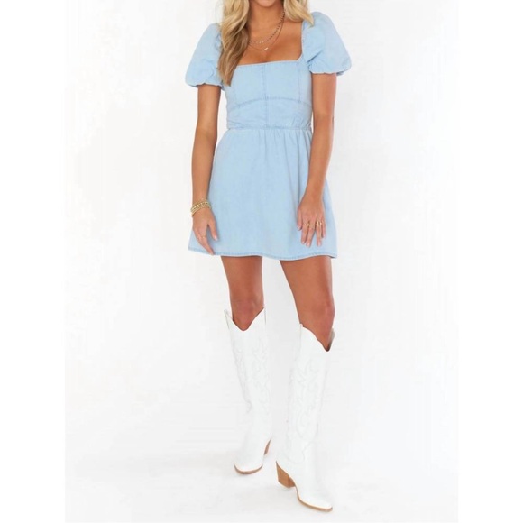 NWT Show Me Your Mumu London Lace Up Dress in Sea Spritz denim size Small - Picture 13 of 14